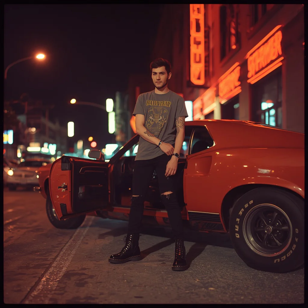 Retro Street Racer: A Man and His Classic Car in a Neon-Lit City | gemini ai photo prompt
