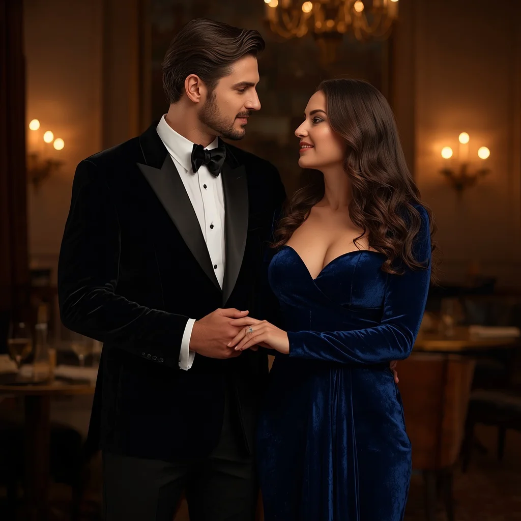 Romantic Couple In Classic Velvet Blue Gown | Romantic couple AI prompt copy and paste