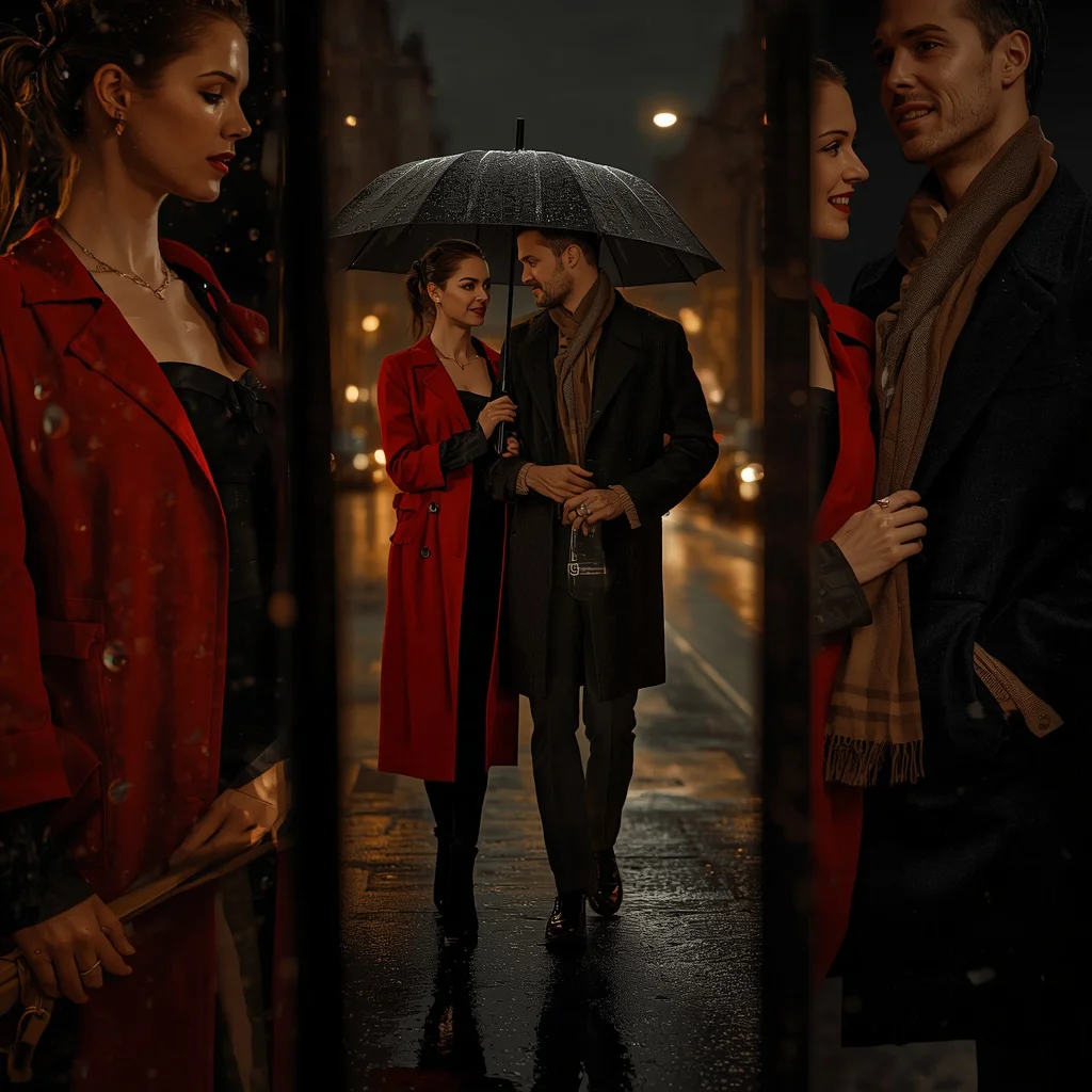 Romantic Couple in Elegant Western Attire on Rainy Street | Simple couple photo prompt