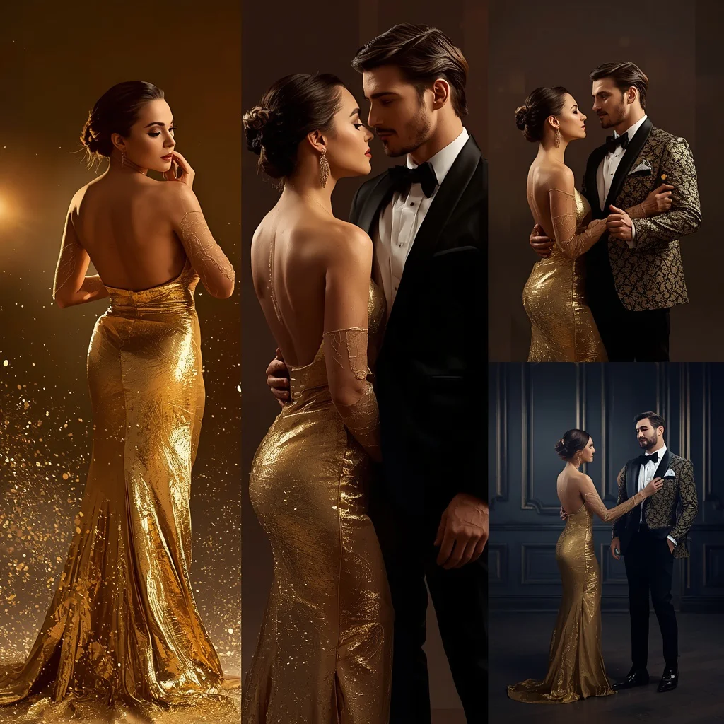 Romantic Couple in Glamorous Gold and Black Outfits | Romantic couple prompt for ChatGPT