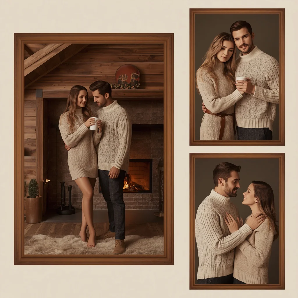 Romantic Couple in High Fashion Knitwear Cozy Winter Cabin | ChatGPT couple photo Prompt Generator