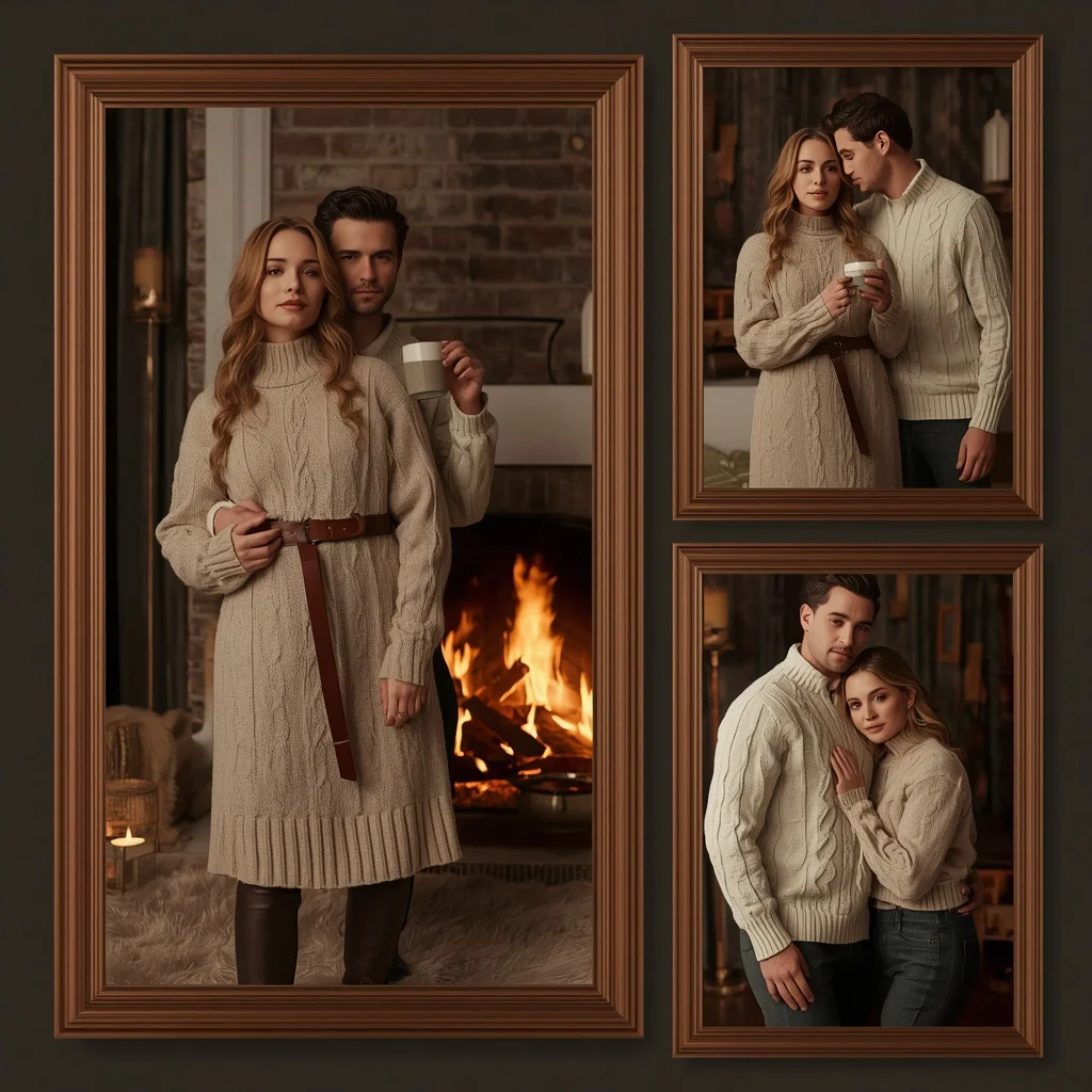 Romantic Couple in High Fashion Knitwear Cozy Winter Cabin | Prompt seen trending boy AI photo