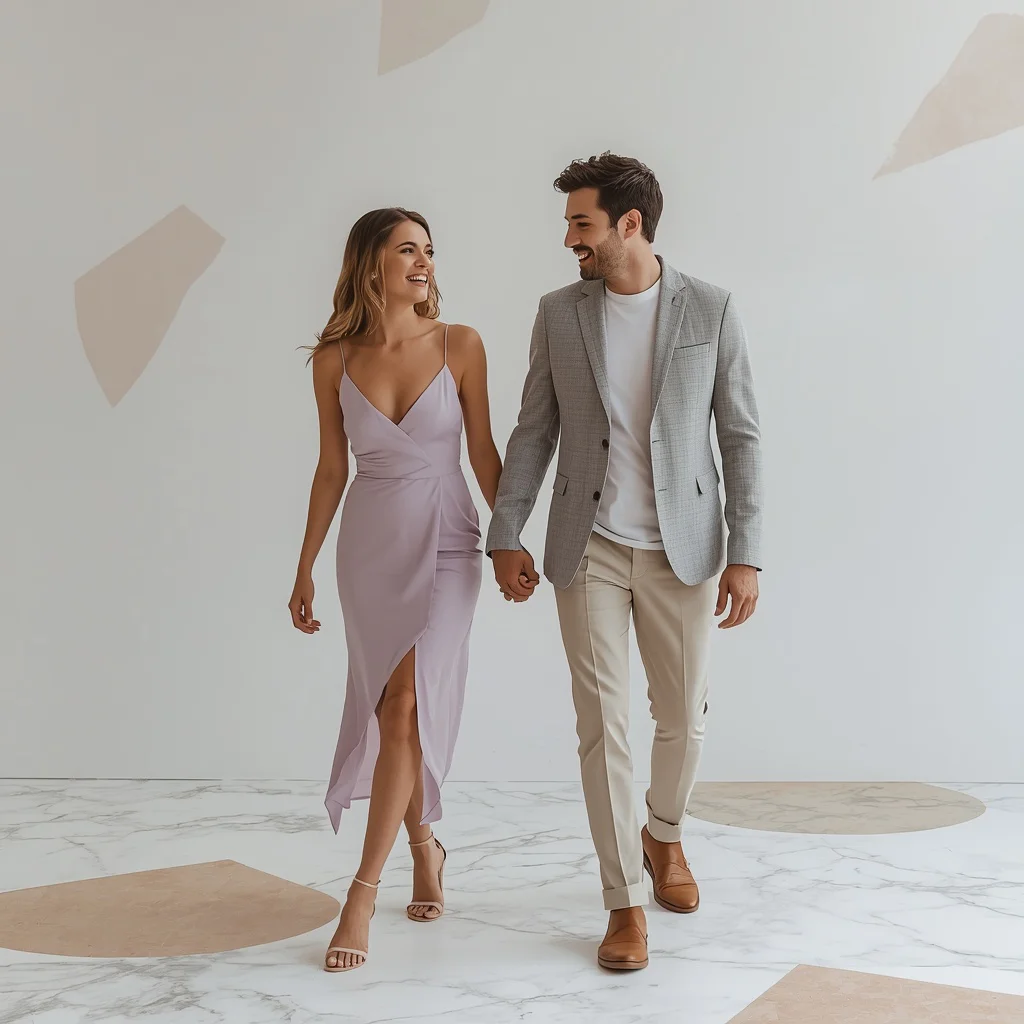 Romantic Couple In Minimalist Pastel Cocktail Outfits | Romantic Vertical Stylish