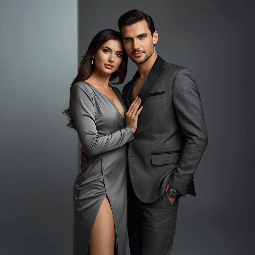 Romantic Couple in Sophisticated Grey Evening Wear | Premium Fashion Portrait