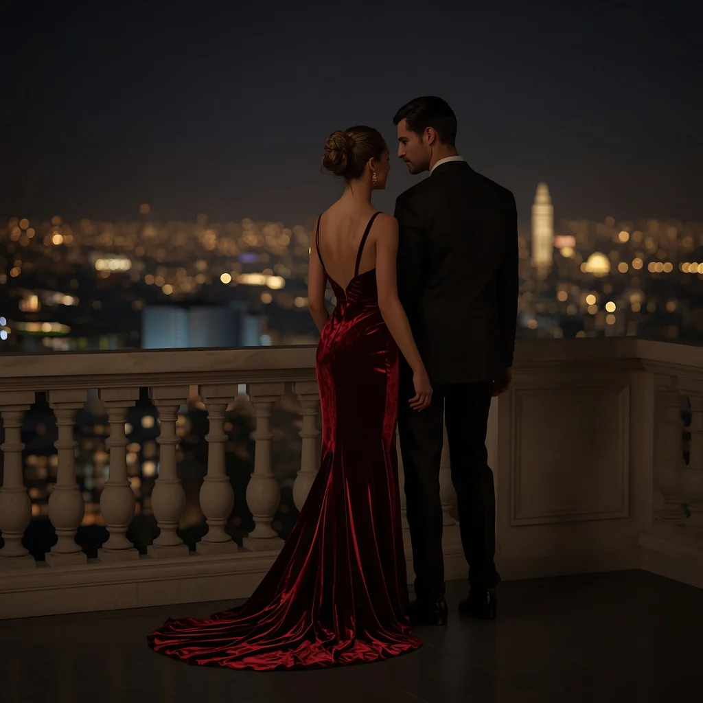 Romantic Couple In Sophisticated Velvet Cocktail Wear | Prompt seen family AI Photo