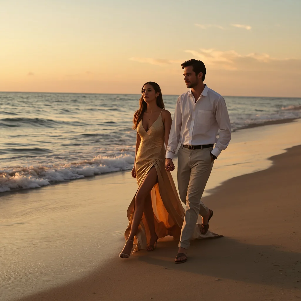 Romantic Couple Strolling On Beach Sunset Glamour | South Indian couple prompt generator