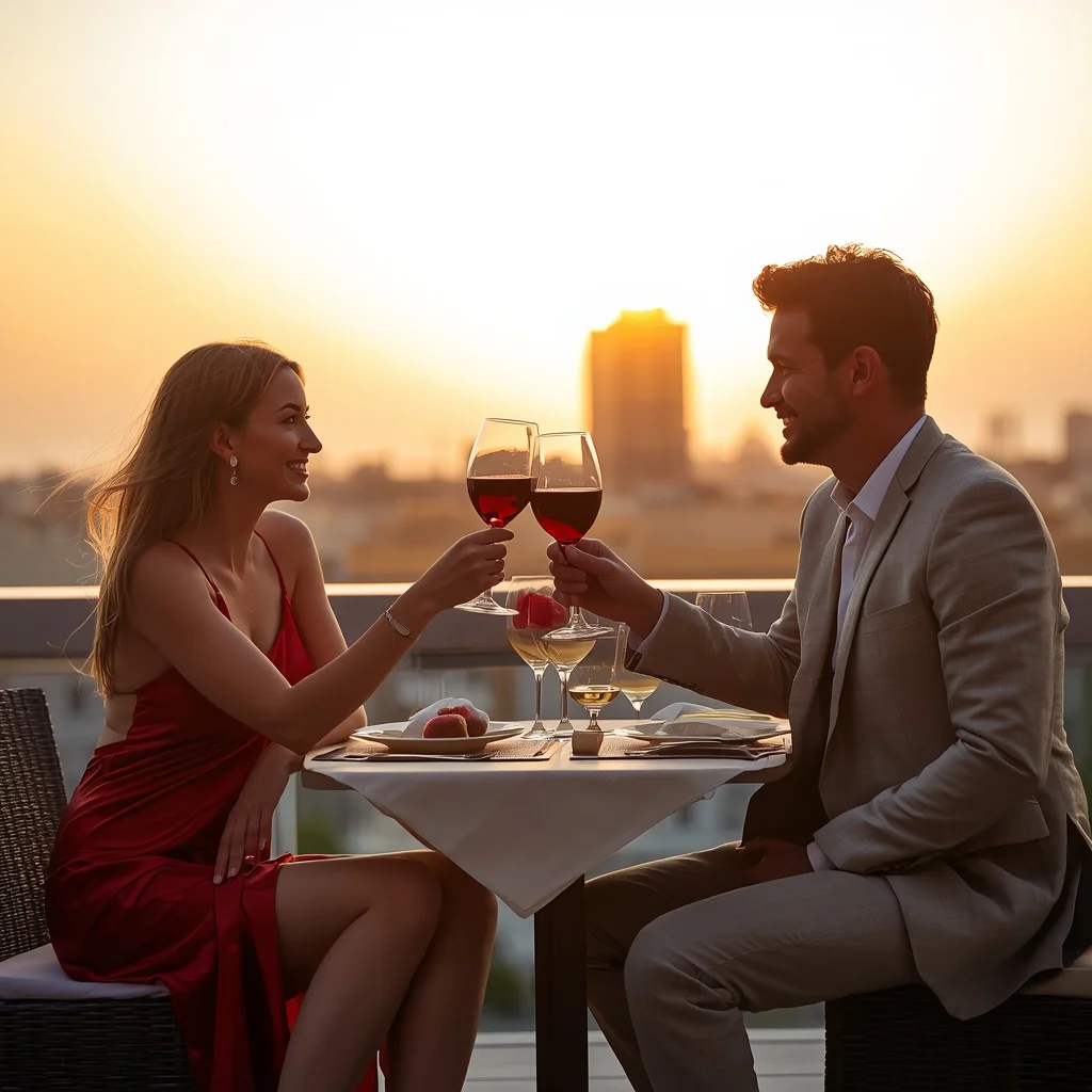 Romantic Couple Toasting On Rooftop Sunset Dinner | best ai prompt 2026