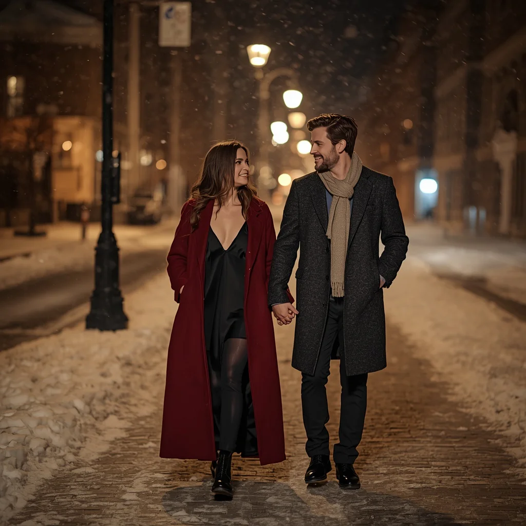 Romantic Couple Walking In Snowy City Night | ChatGPT couple photo prompt realistic copy and paste