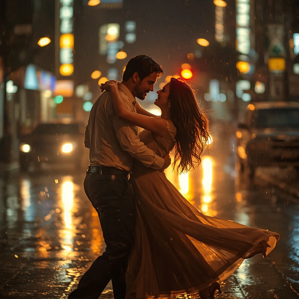 Romantic Dance Under Sparkling City Lights and Evening Rain | trending ai prompt