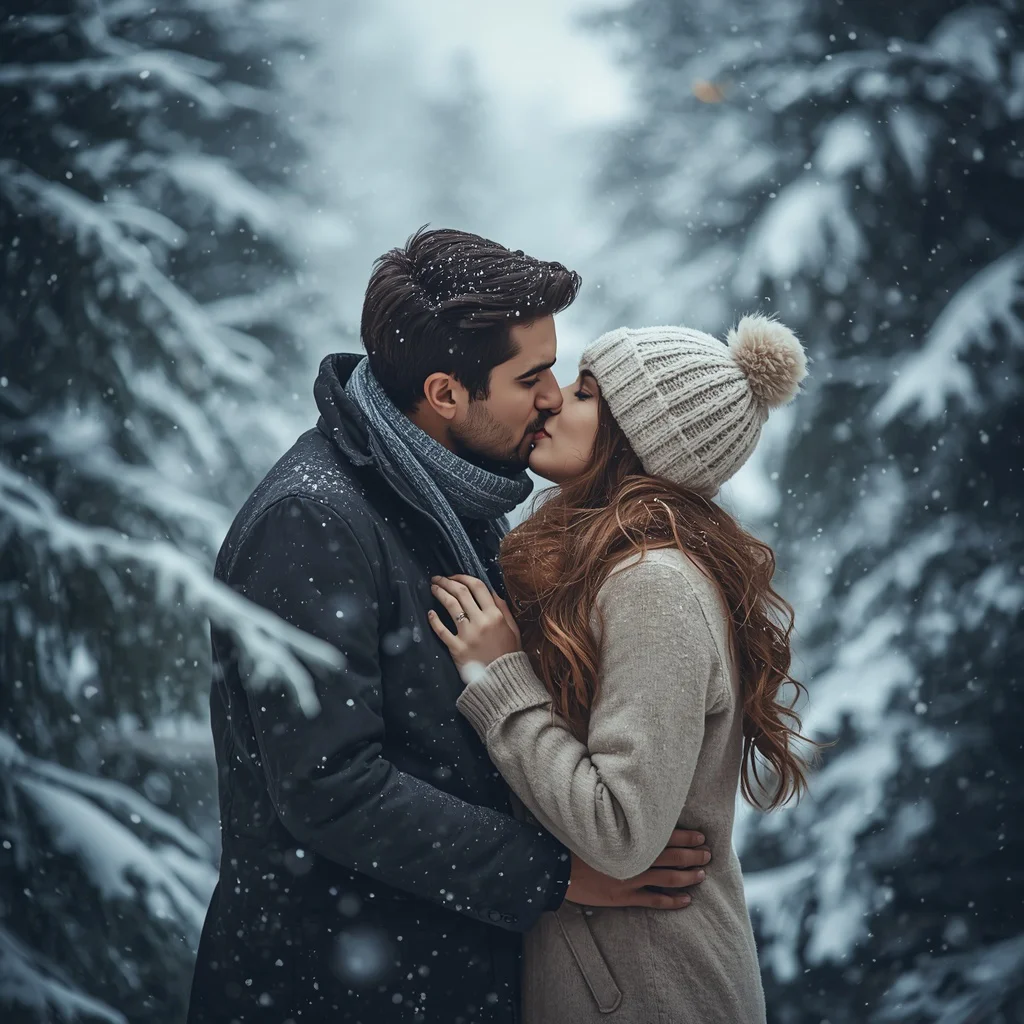 Romantic Kiss in a Snowy Winter Wonderland Forest | Couple hug prompt for Gemini AI