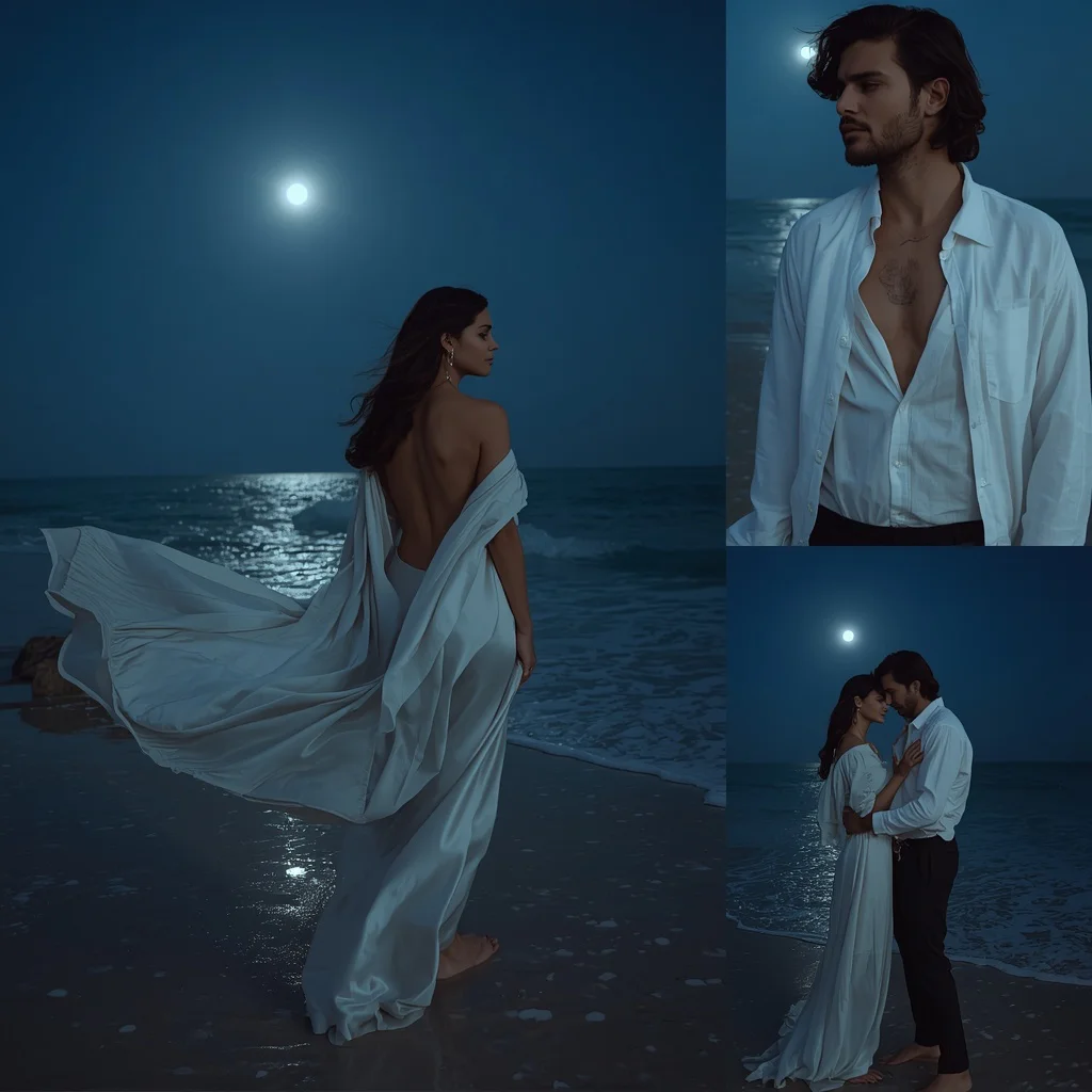 Romantic Moonlight Beach with Flowy White Silk Gown | Cinematic Collage Couple
