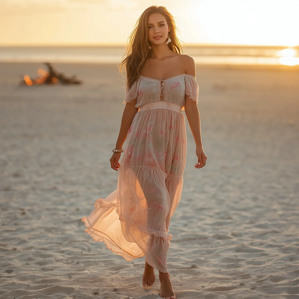 Romantic Off-Shoulder Ruffle Maxi Dress for a Beach Party | instagram influencer ai prompt
