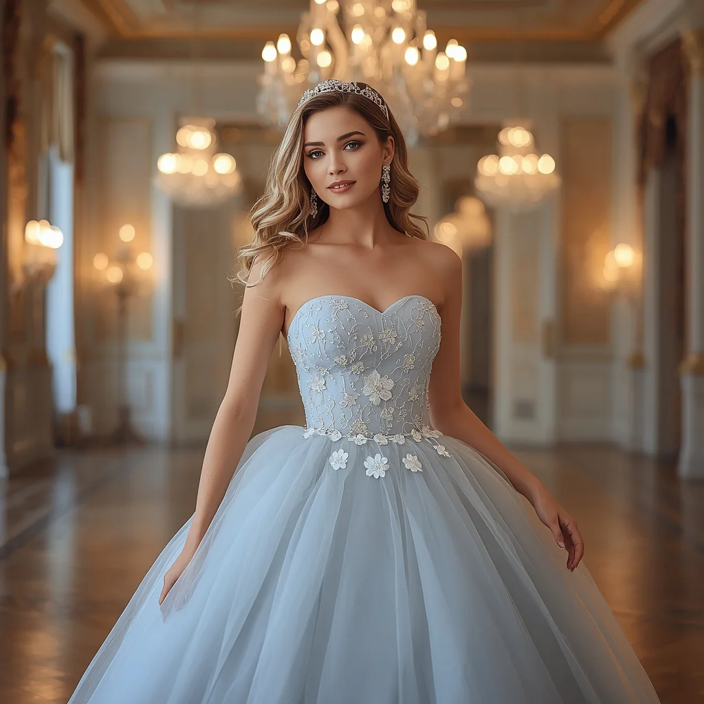 Romantic Pastel Blue Tulle Gown with Floral Embellishments for a Debutante Ball | Prompt trending girl 2026