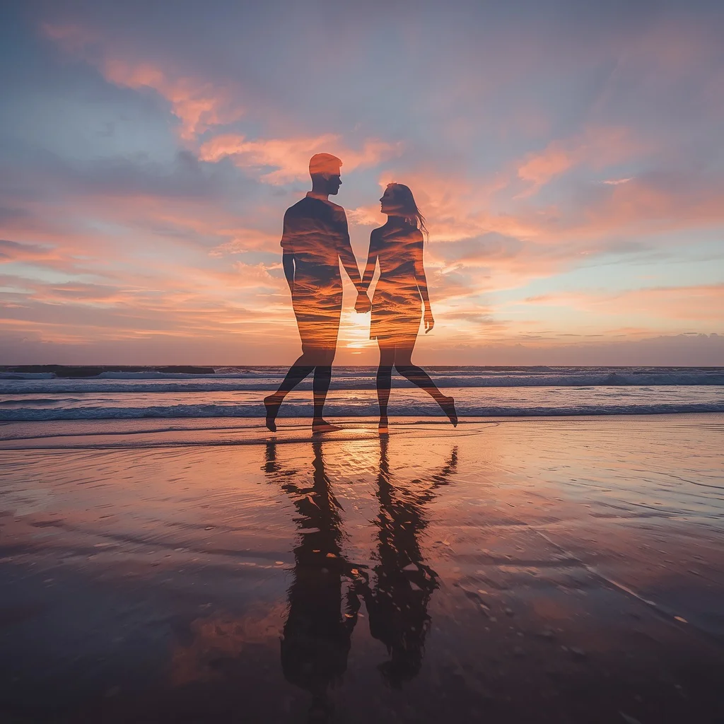 Romantic Sunset Beach Double Exposure for a Couple’s Silhouette | realistic couple ai prompt