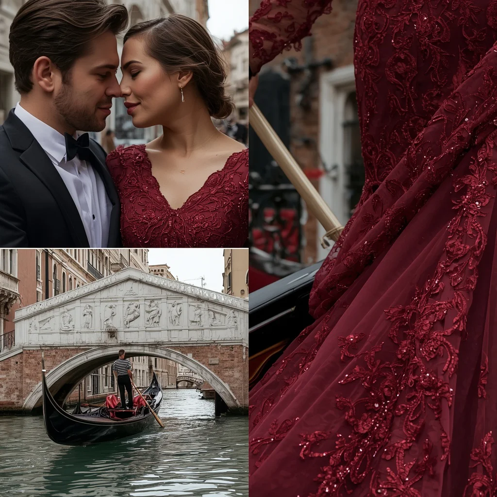 Romantic Venetian Gondola with Elegant Burgundy Dress | Romantic Luxurious Collage