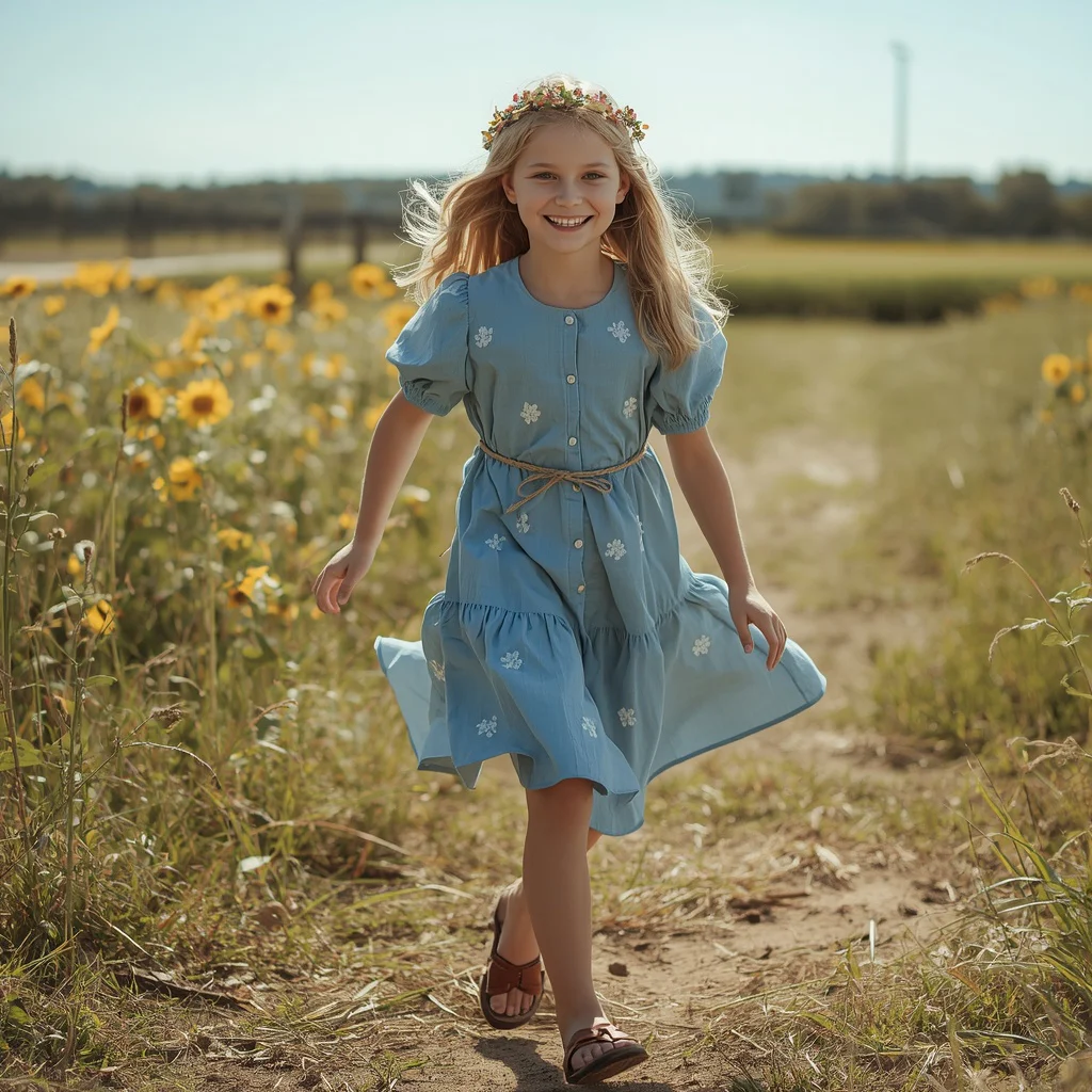 Rustic Country Charm in a Flowy Blue Dress | prompt for gemini girl instagram