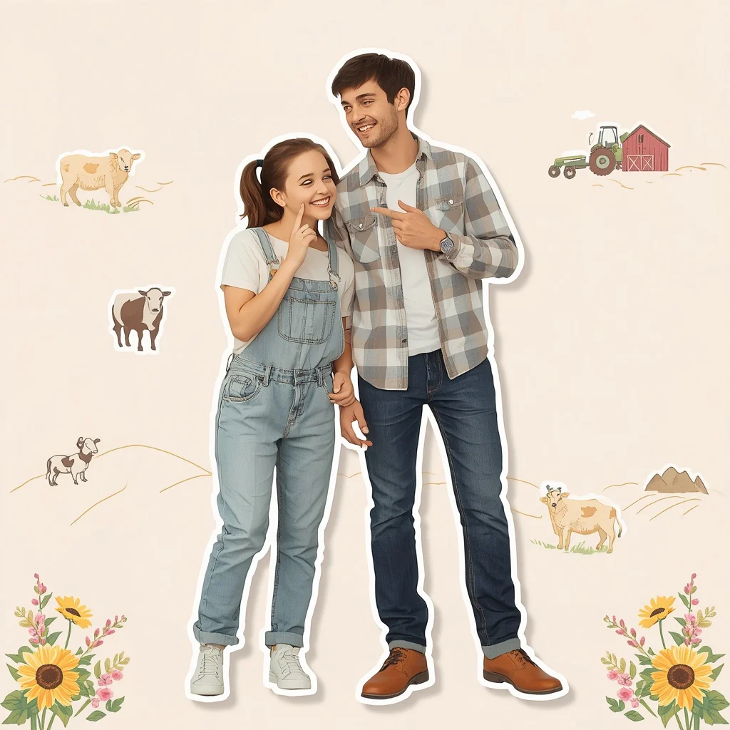 Rustic Farmhouse Pastel Sticker Art Couple with Country Vibes | cute couple ai prompt