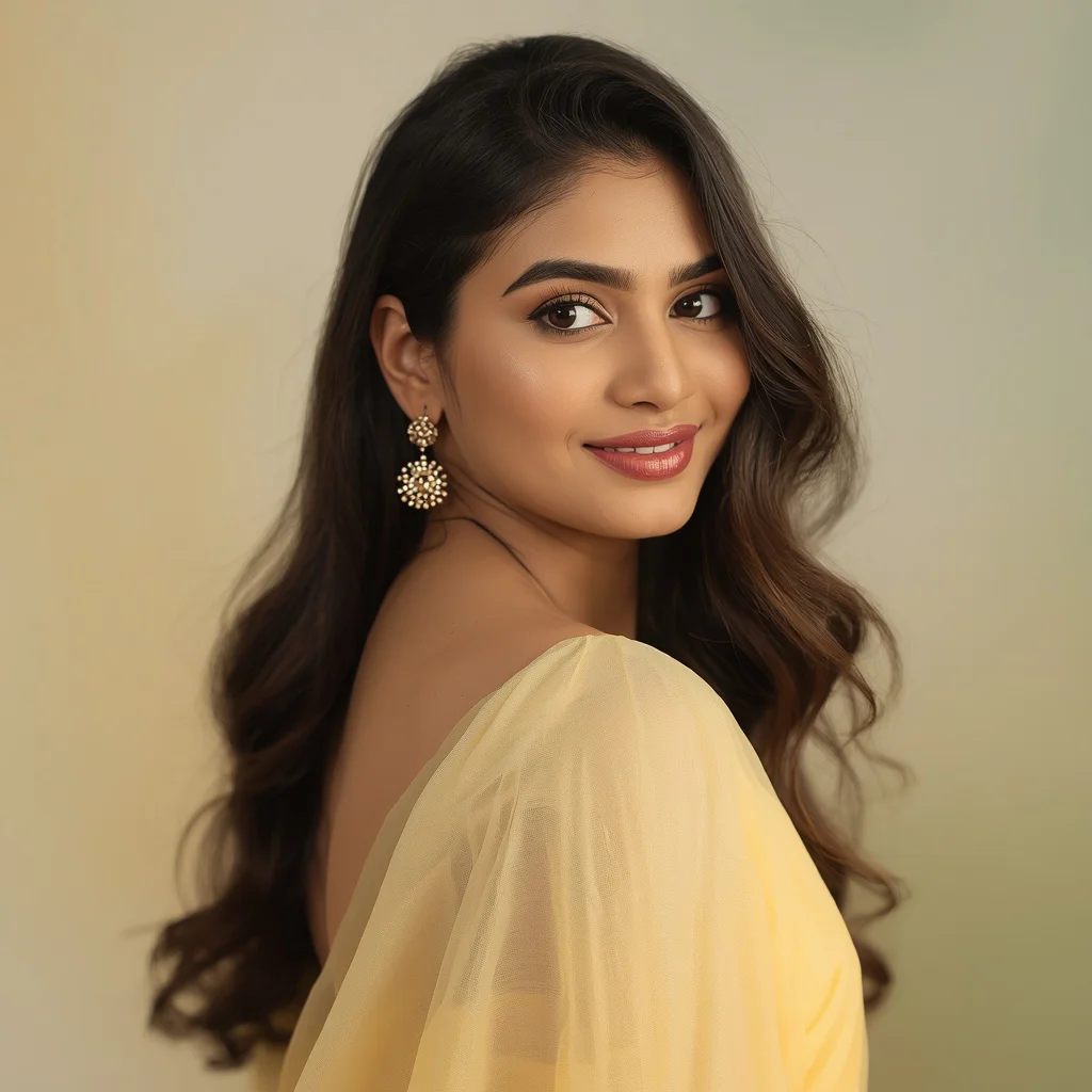 Soft Gaze Looking Over Shoulder in a Pastel Yellow Chiffon | new trending prompt chatgpt