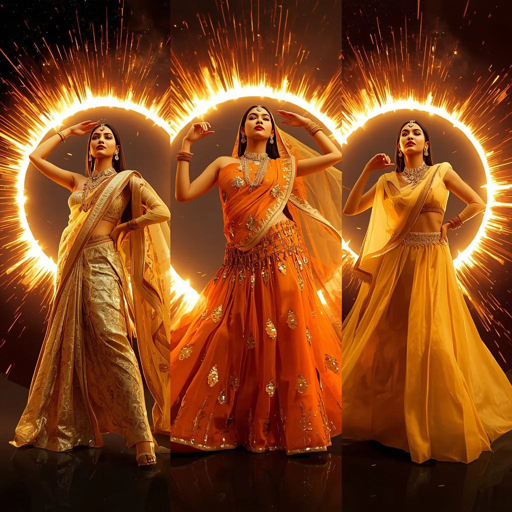 Solar Flare Burst Collage: Indian Woman in Radiant Gold and Orange Attire | Dynamic Solar Flare