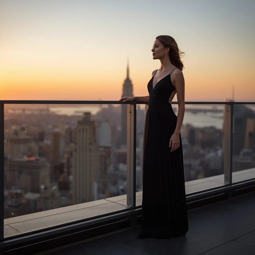 Sophisticated Black Maxi Dress for a Rooftop Sunset Dinner | easy ai prompt
