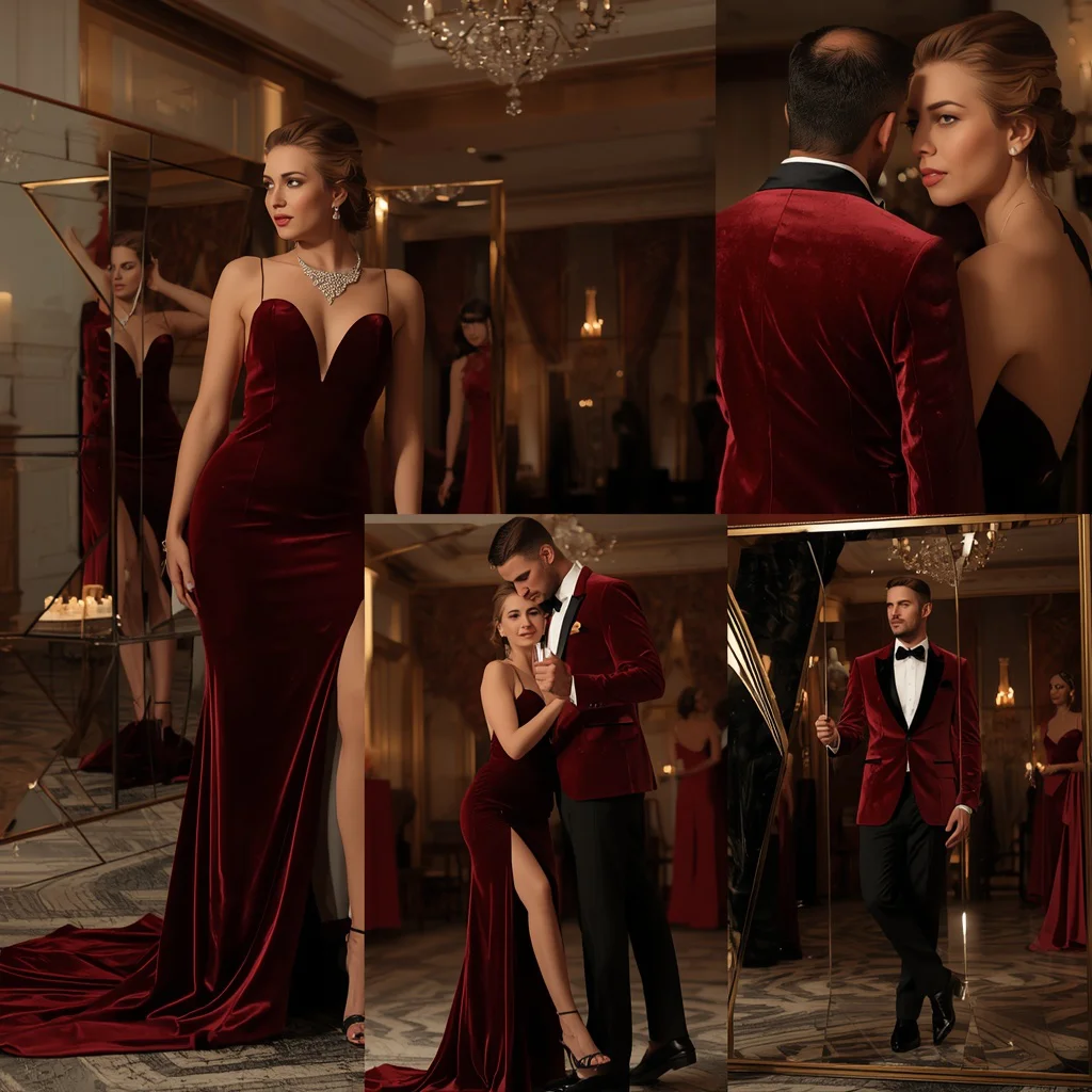 Sophisticated Couple in Velvet Party Wear Floating Mirror Panels | Romantic couple AI prompt copy and paste Instagram