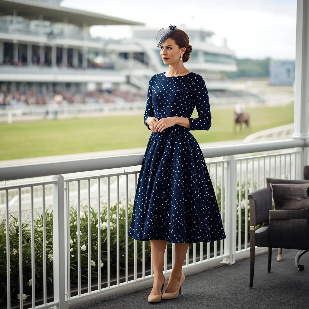 Sophisticated Polka Dot Midi Dress for a Classic Horse Racing Event | Poised Woman Her