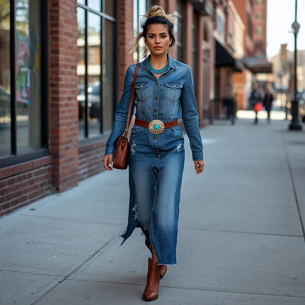 Street Style Western Fusion with a Denim Maxi Dress | ChatGPT photo editing prompts for girl
