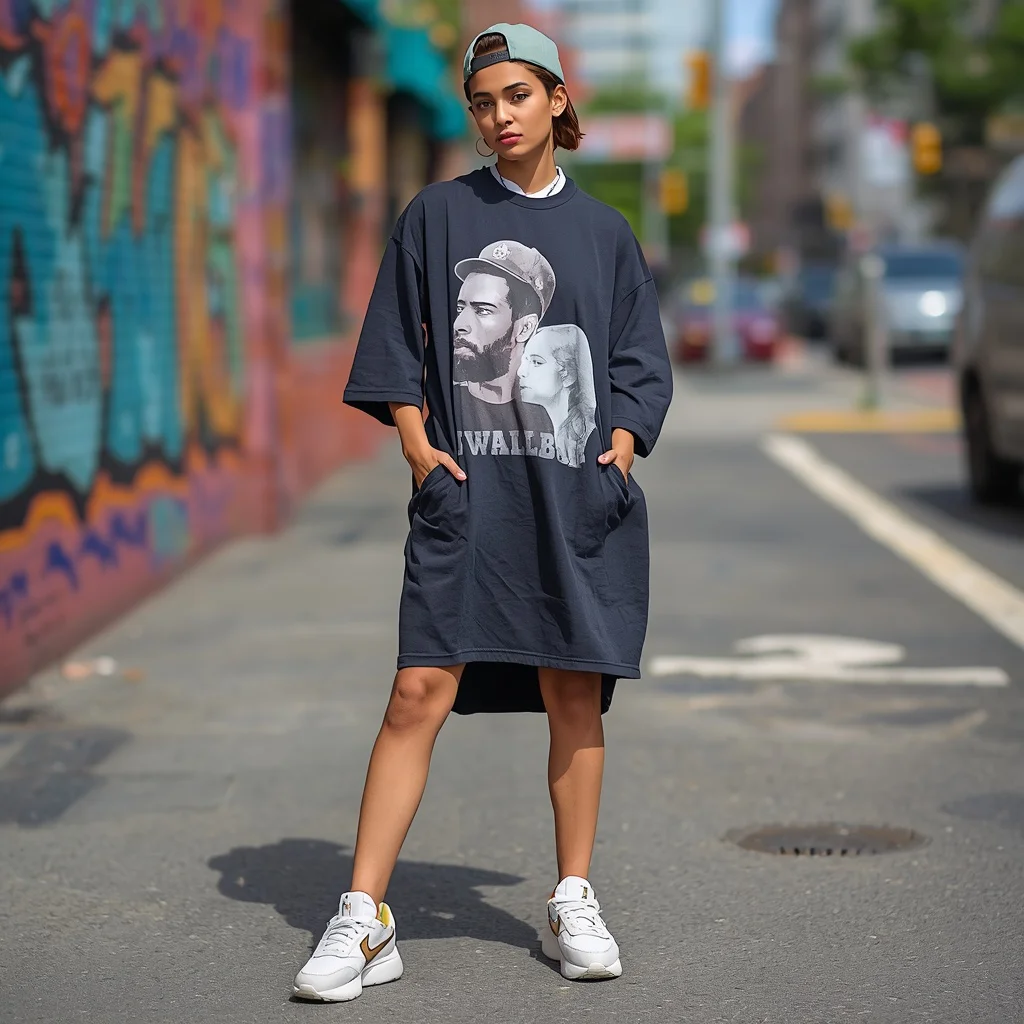 Streetwear Chic: Oversized T-Shirt Dress and Sneakers | Prompt seen girl photo editing trending instagram