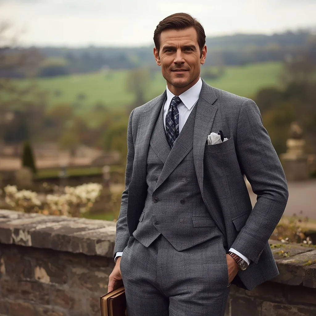 Stylish Man’s Confident Pose in a Tailored Tweed Suit | man pose ai prompt