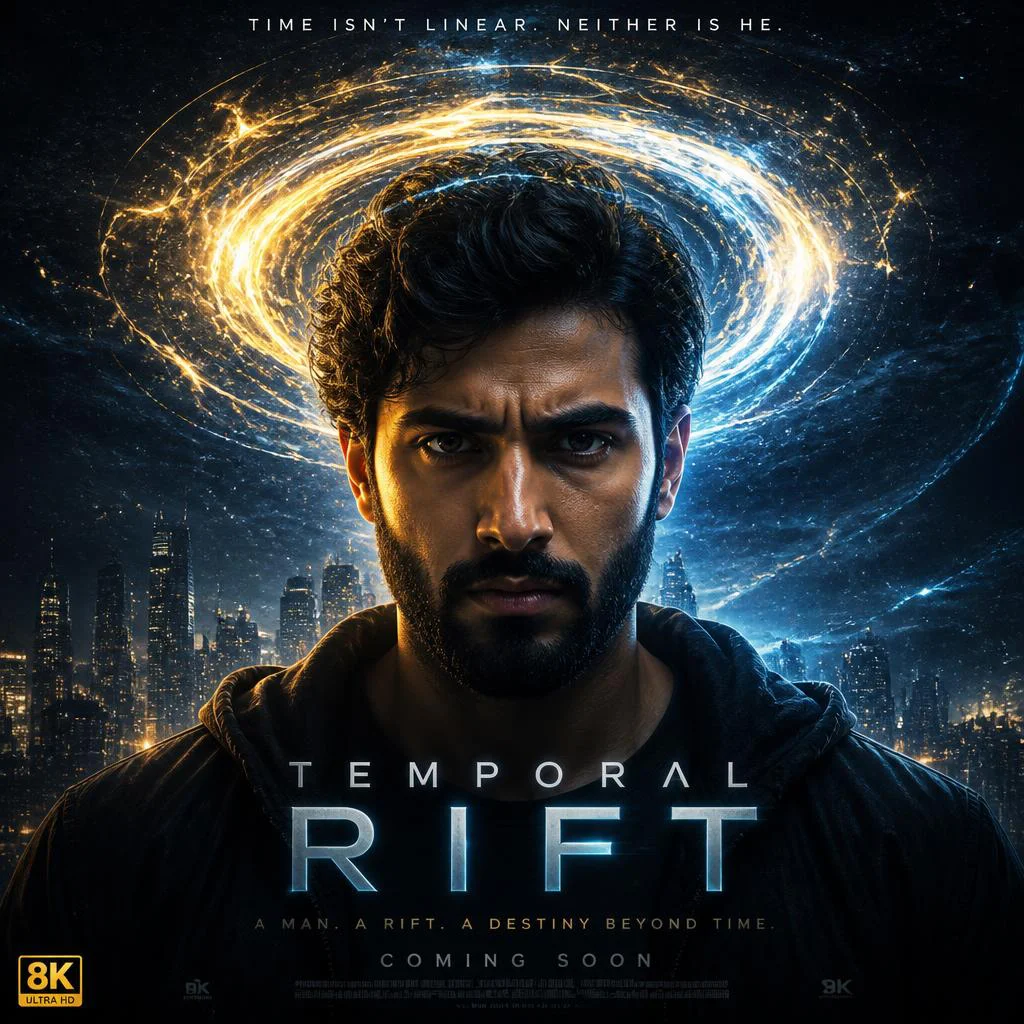Temporal Rift: A Man with a Time-Warp Halo in a Sci-Fi Thriller Scene | face ai prompt