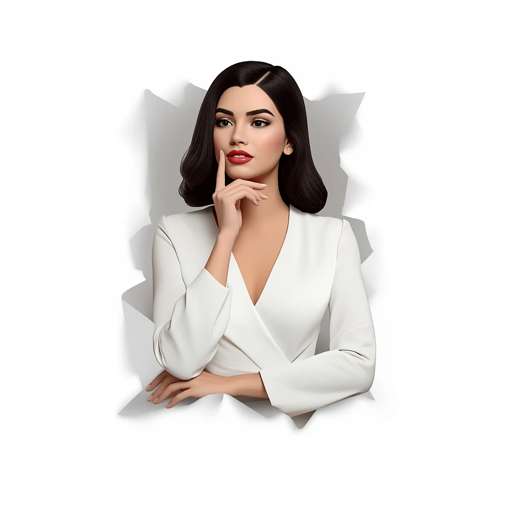 Thoughtful Woman in a White Crepe Jumpsuit with Hand on Chin Pondering Gracefully | Ultra-clean High-resolution Sharp