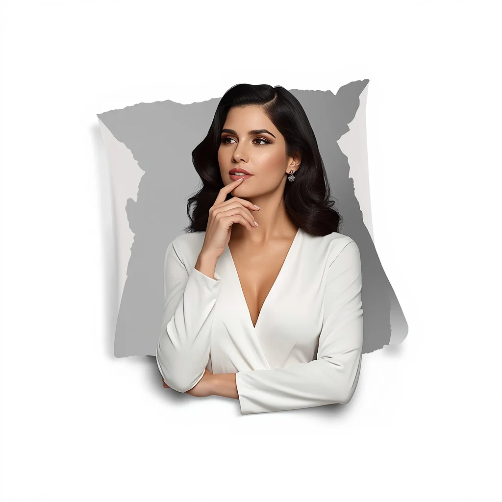 Thoughtful Woman in a White Crepe Jumpsuit with Hand on Chin Pondering Gracefully | Ultra-clean High-resolution Sharp
