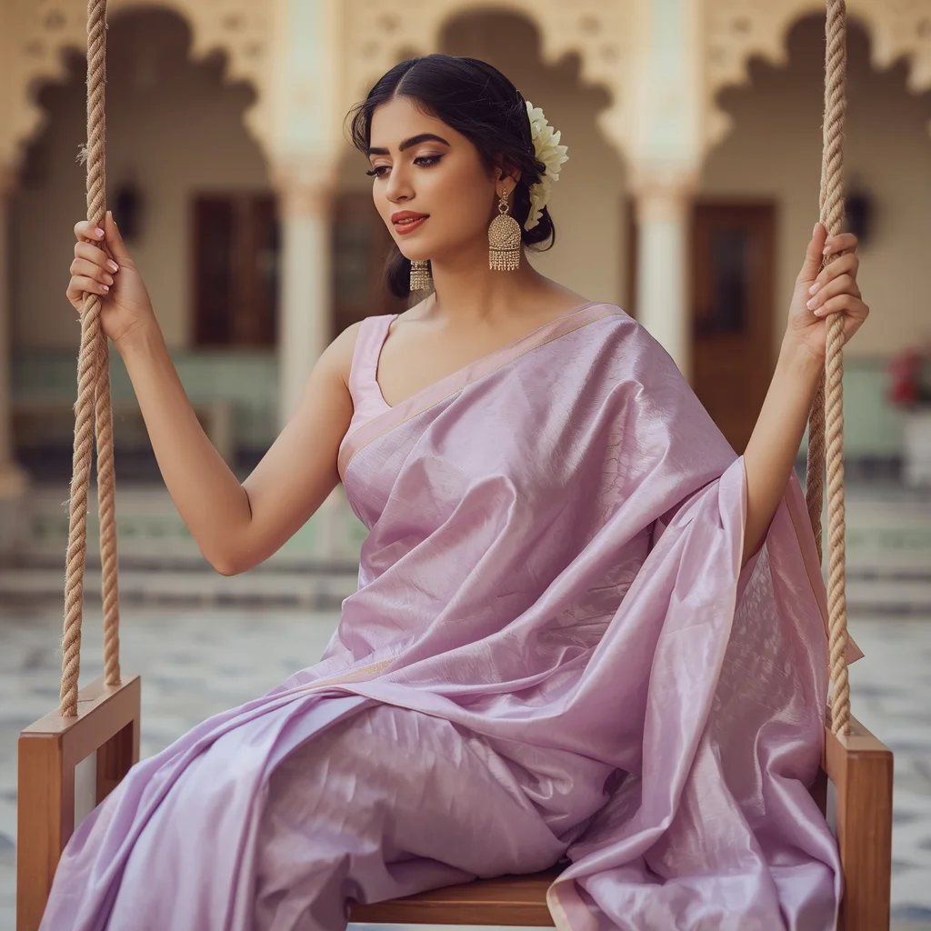 Timeless Elegance of a Pastel Lilac Chanderi Silk Saree | prompt for ai image generator for professional photo