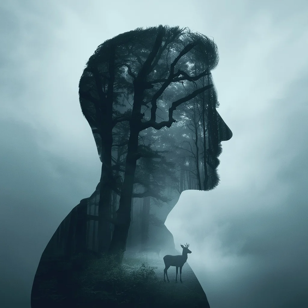 Urban Mystic: A Man in Profile, Ancient Forest Within His Silhouette | Prompt for Gemini AI boy