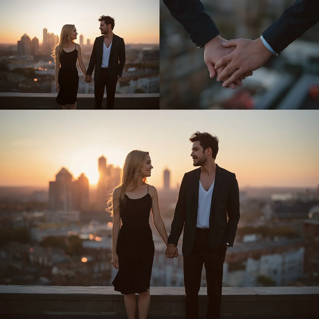Urban Rooftop Romance: A Sunset Couple Portrait | indian couple ai prompt