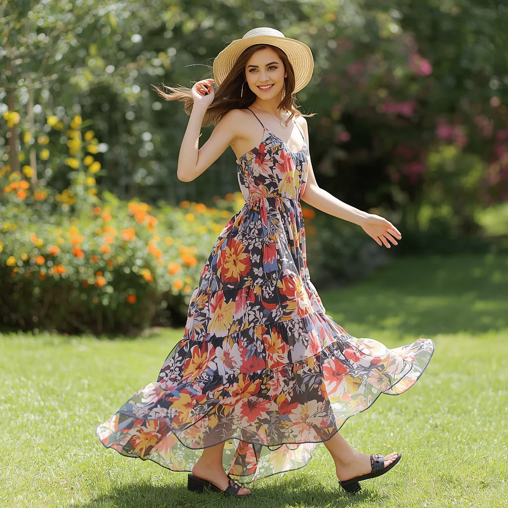 Vibrant Floral Maxi Dress for a Summer Garden Party | Prompt seen girl lehenga