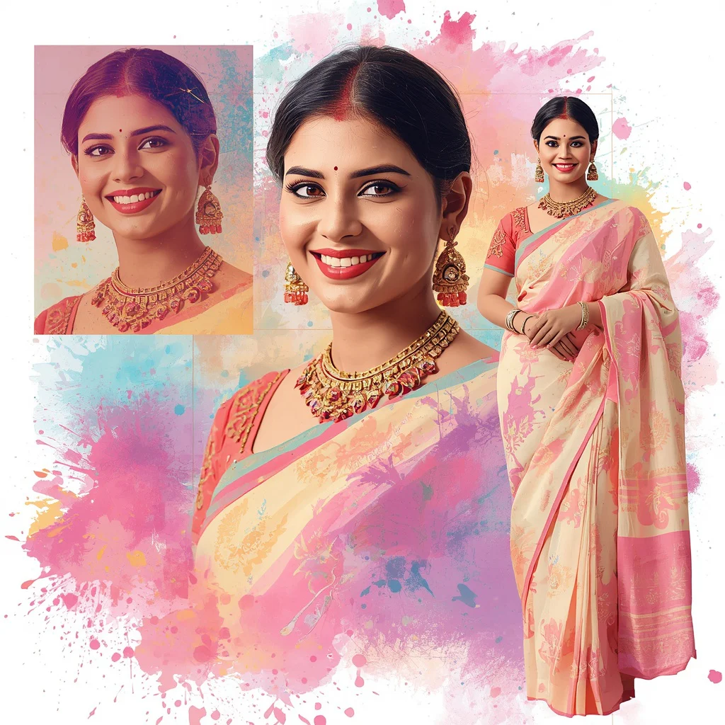 Vibrant Premium Collage: Indian Woman in Pastel Saree with Dynamic Color Splashes | Vibrant Premium Collage