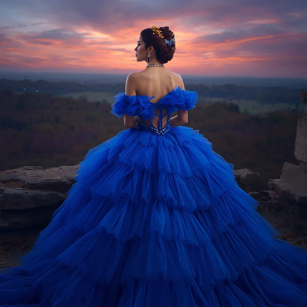 Vibrant Tulle Ball Gown at a Mystical Forest Ruins at Sunset | viral instagram ai prompt