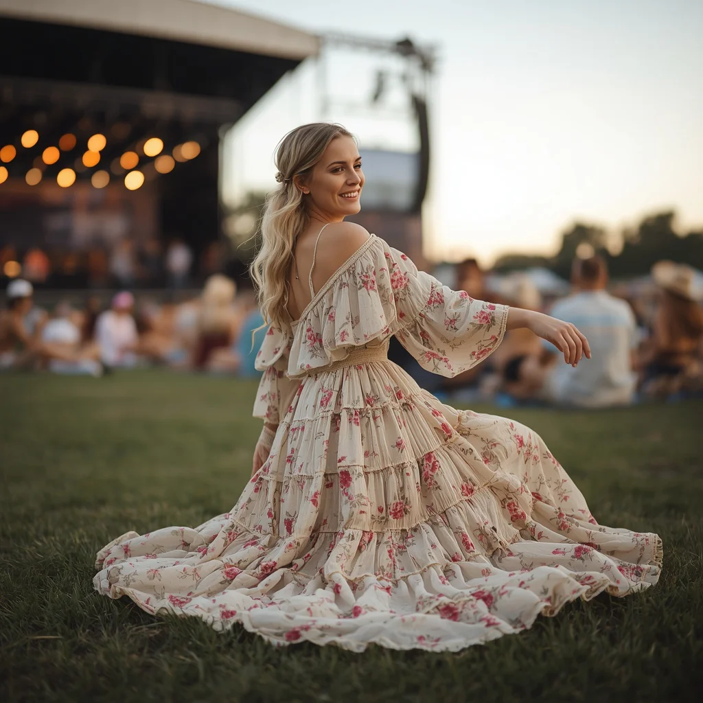 Western Theme Outfit Female: Bohemian Floral Tiered Maxi | New instagram trend prompt for girl copy and paste