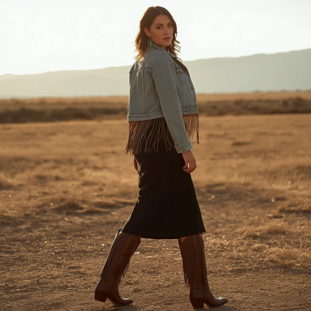 Western Theme Outfit Female: Fringe Denim Jacket and Boots | Prompt seen girl kurti