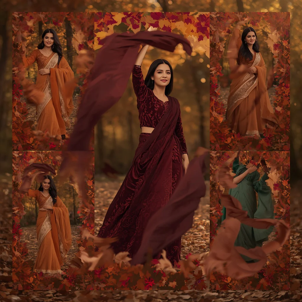 Whirlwind of Autumn Leaves Collage: Indian Woman in Earthy Toned Drapes | Dynamic Whirlwind Autumn