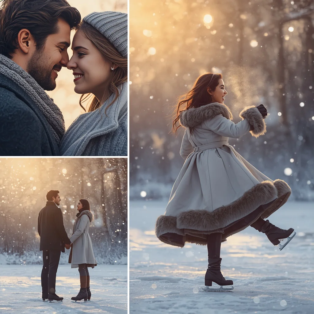 Winter Wonderland Cinematic Couple Collage with Snowy Backdrop | realistic couple ai prompt